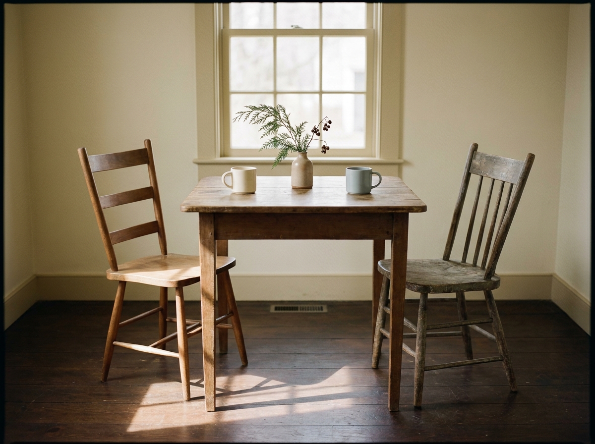 A long wooden table seen from above, two empty mugs, a candle, and an open notebook, no people in frame.