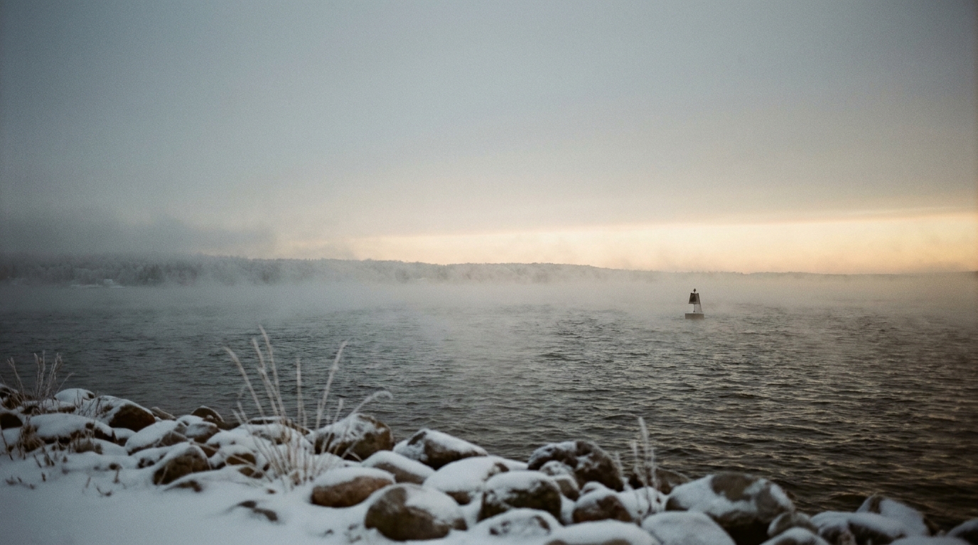 A view of the St. Lawrence River from a Clayton pier, cloud over the water, no people in frame.